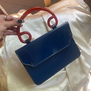 Vintage Patent Blue Leather Accordion Kisslock Bag, Red Handles